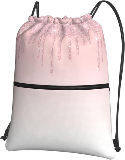 Pink Glitter Drip Drawstring Backpack, Gym Swim Bag Cinch Bag For Women Men With Zipper Pocket