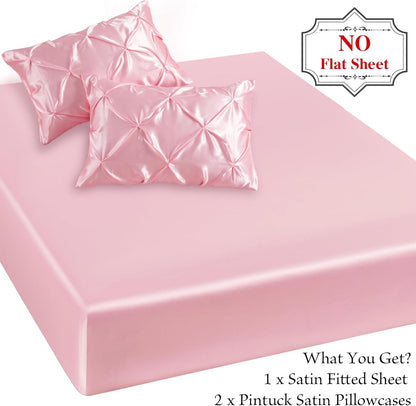 P Pothuiny 3-Piece Set Pintuck Satin Pillowcases & Queen Fitted Sheet, Blush Pink Satin Sheet Silky Soft Luxury Romantic Pinch Pleated Bedding Bedroom Dorm Decor, 15 Inch Deep Pocket
