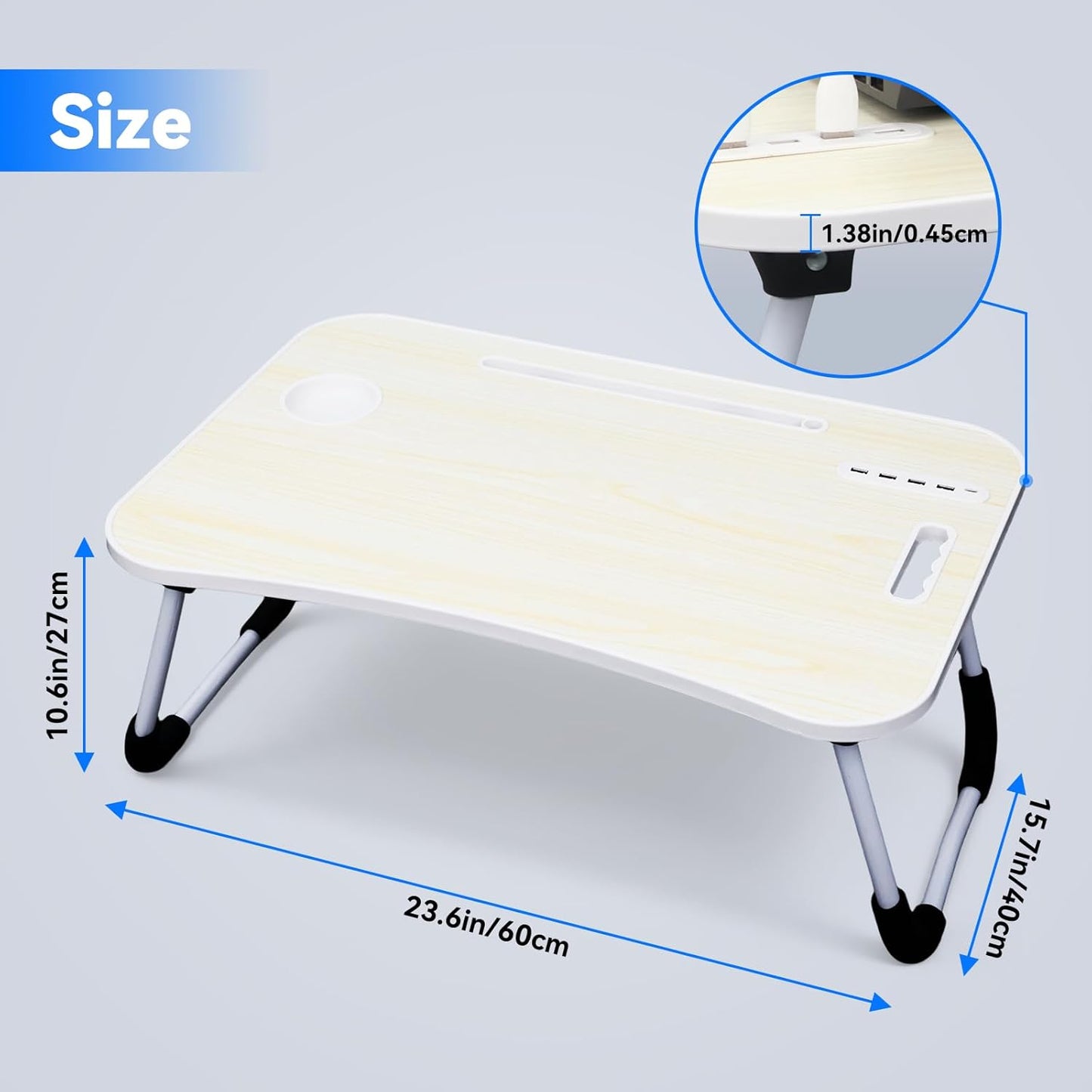 23.6 in Laptop Lap Desk, Foldable Laptop Table Tray with 4 USB Ports, 1 USB Charging Cable, Storage Drawer, Cup Holder, Bed Desk Stand Lap Tray Portable Standing Table for Bed Couch Floor