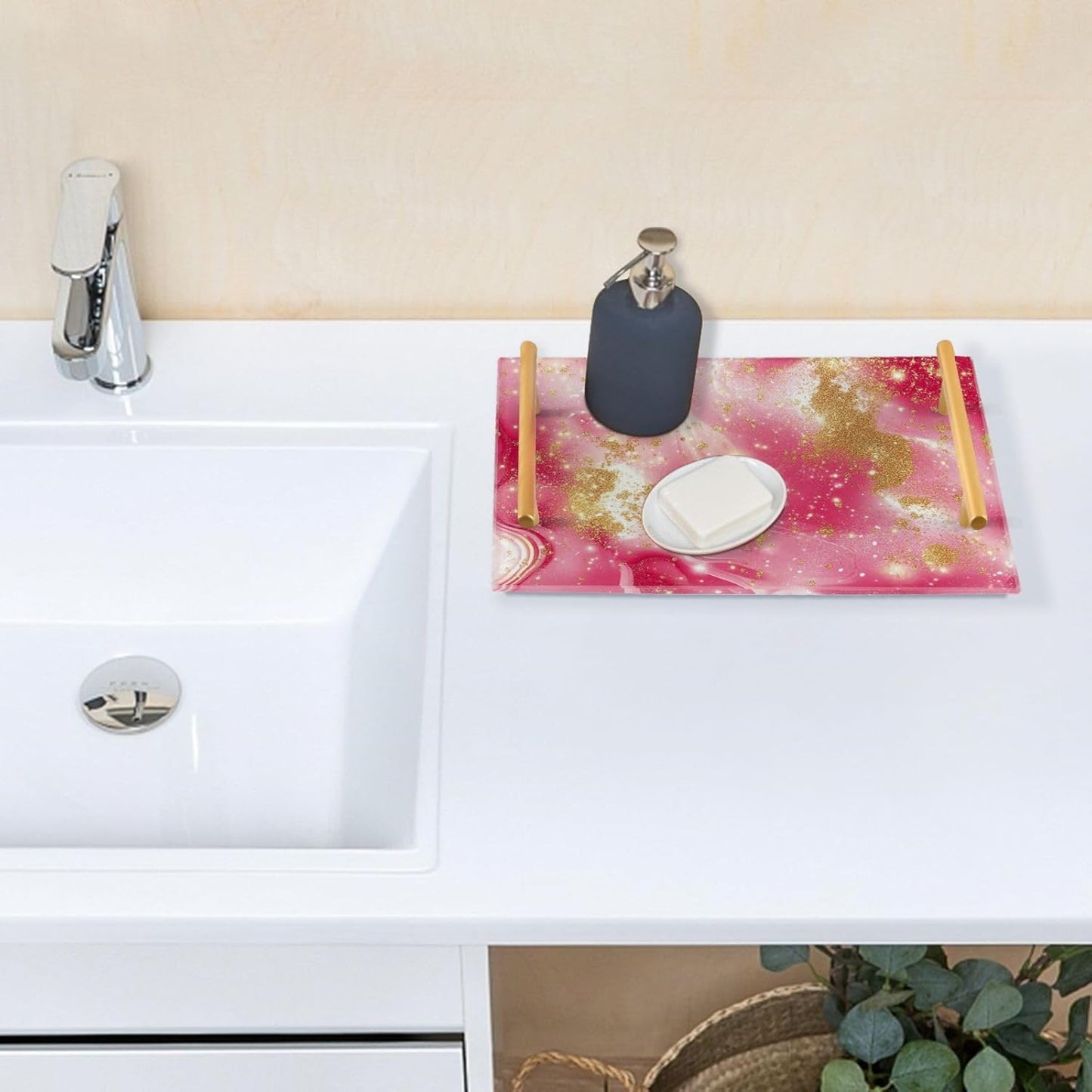 Golden Peach Waves Marble Decorative Beverage Tray with Handles Bed Serving Tray for Jewelry Perfume for Coffee Tables, Office