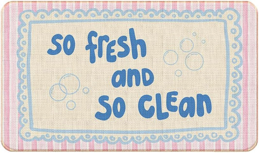 Chicimln Preppy Bathroom Decor Mat, Pink and Blue Striped Non-Slip Linen Doormat Outdoor Indoor Entrance, So Fresh and So Clean Welcome Mats Rugs for Girls Bathroom Washroom, 17x30 Inch