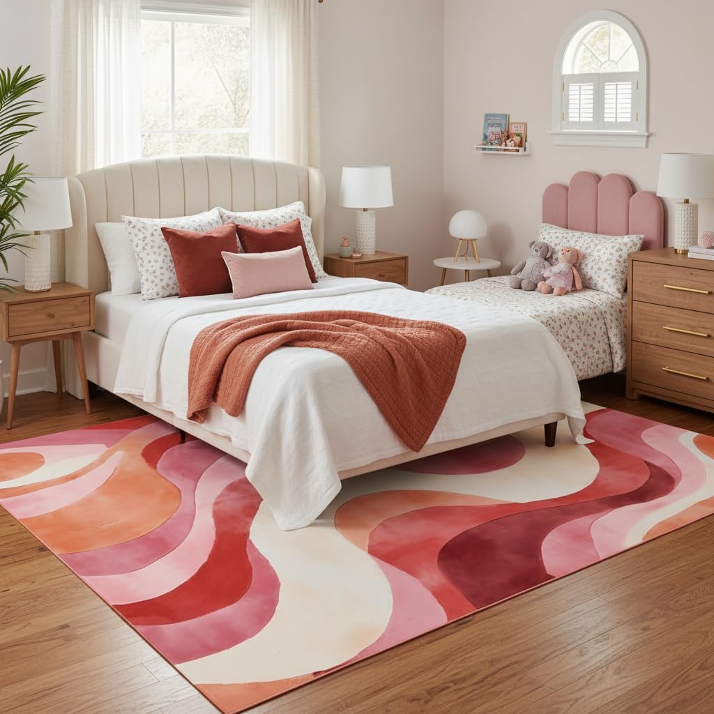 5x7 Area Rugs for Living Room，Modern Abstract Pink and Terracotta Watercolor Design Rug，Non-Slip Washable， Bedroom, Dining Room, Home Office