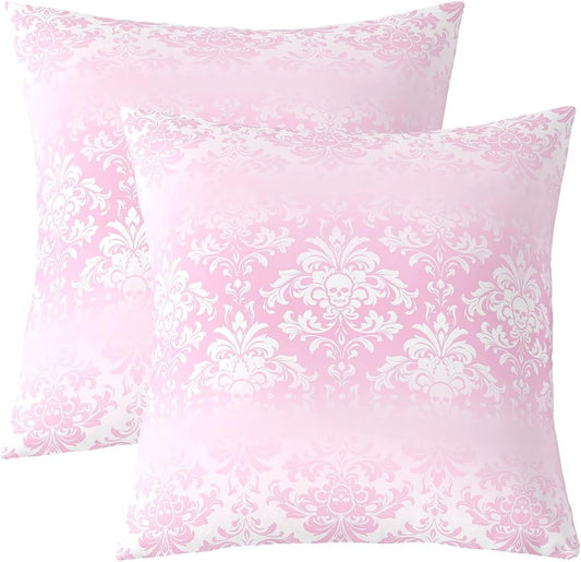 jejeloiu Damask Pattern Throw Pillow Covers 20"x20" Set of 2 Vintage Floral Flower Light Pink Cushion Case for Adults Teens Gothic Bone Skeleton Antique Victorian Baroque Decor Pillowcase Home Decor