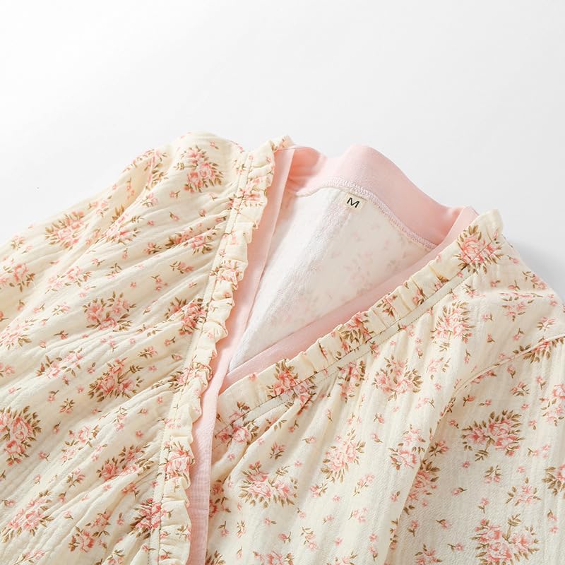 Womens Robe, Cotton Gauze 3/4 Sleeve Floral Long Bath Robe Soft Bathrobe House Coat Sleepwear