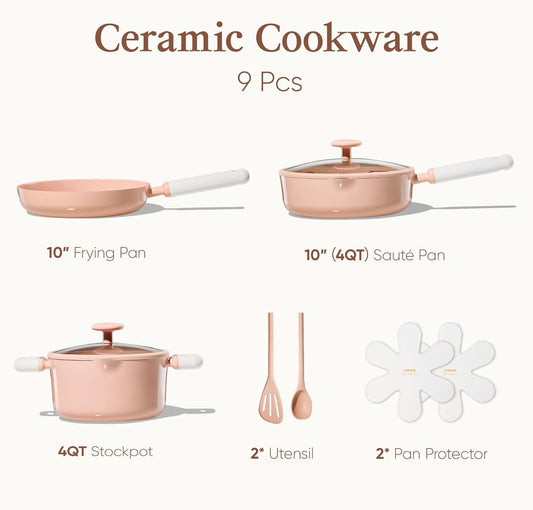 CAROTE Pots and Pans Set Nonstick, Ceramic Cookware Set, Pink Cooking Set Kitchen Induction Set with Steamer, PFAS PTFE Free,9 Piece