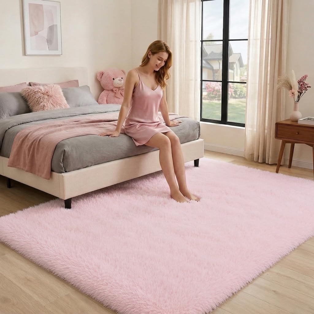 6x9 Ft Baby Pink Fluffy Area Rugs, Ultra Soft Large Shag Furry Carpet with Non-Slip Backing, Cozy Fuzzy Plush Rug for Bedroom, Living Room, Nursery, Girls Dorm Decor