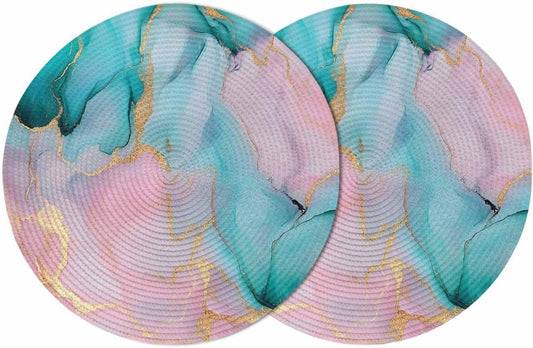 Teal Pink Marble Round Placemats Set of 2 Abstract Ink Painting Modern Luxury Place Mats Indoor Woven Table Mats Washable Heat-Resistance Braided Dining Table Placemats for Kitchen Holiday 15 Inch