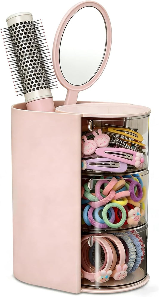 Hair Accessories Organizer, 3 Layer Hair Tool Organizer with Brush Holder, Rotatable Makeup Storage Organizers for Girls, Storage Box for Clip, Rings (Pink)