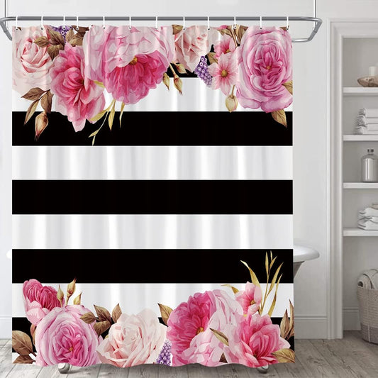 Floral Stripe Shower Curtain Pink Rose Flowers Black and White Stripes Spring Bloosm Flowers Valentine's Day Fashion Women Watercolor Bathroom Decor Set Polyester Curtains with Hooks 70X70 Inch