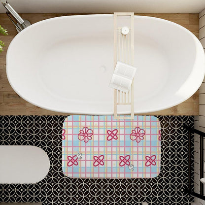 Washable Rug Pastel Checkerboard Pink Flowers Bows Holiday Bathroom Rugs Shower Mat Rubber Floor Mats for Home Traction Trap Water Non Slip Quick Drying Household Pet Floor Bathroom Decor 18 X 30in
