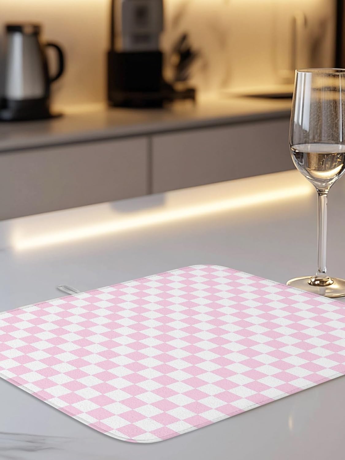Dish Drying Mat for Kitchen Counter,Pastoral Pink White Buffalo Check Absorbent Microfiber Drainer Rack Pad Modern Geometric Plaid Quick Dry Mat for Sinks Dishes Utensils 18x24in,1 Pack