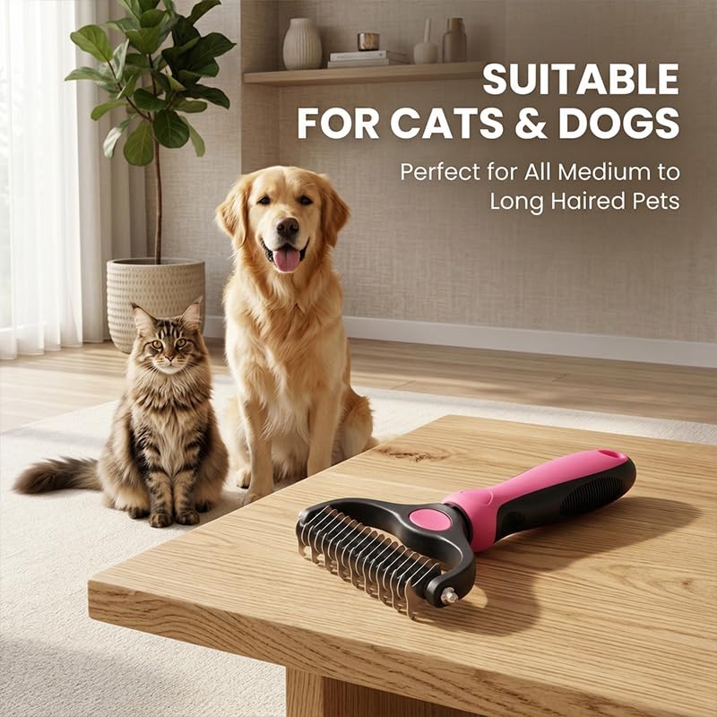 Pet Grooming Tool, Double Sided Deshedding Brush Dematting Rake, Stainless Steel Grooming Comb for Dogs & Cats, Undercoat Rake for Removing Loose Fur, Tangles and Knots (Pink-S, 1 Pack)