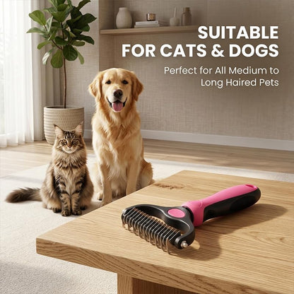 Pet Grooming Tool, Double Sided Deshedding Brush Dematting Rake, Stainless Steel Grooming Comb for Dogs & Cats, Undercoat Rake for Removing Loose Fur, Tangles and Knots (Pink-S, 1 Pack)