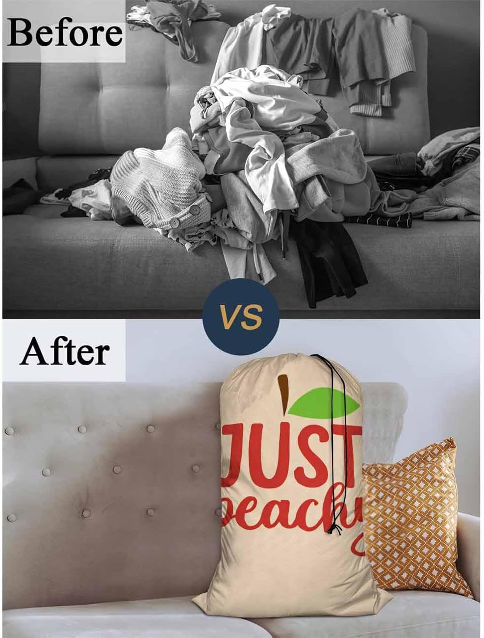 Swono Peach Heavy Duty Large Laundry Bags 1 Pack 28 x 40 inch Just Peachy Quote Word Hand Lettering Leaf Fruit XL Drawstring Travel Organizer Bag Fit Hamper Basket Camp Home College Dorm Tear