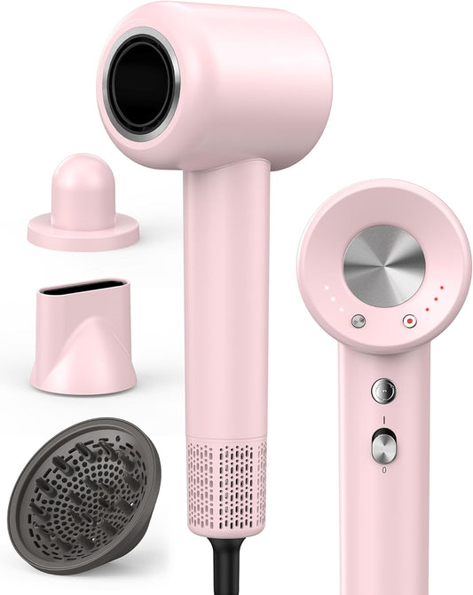 High Speed Ionic Professional Hair Blow Dryer,160000 RPM Powerful Fast Drying Travel Hairdryer Blowdryer with Magnetic Diffuser, Concentrator Nozzle & Wall Mount Bracket, 3 Speeds & 4 Temps, Pink