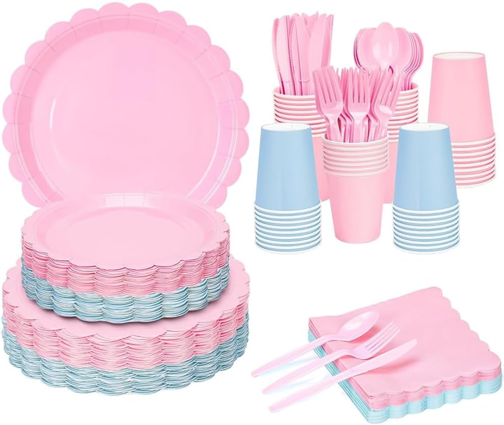 168 Pcs Baby Gender Reveal Plates and Napkins, Gender Reveal Paper Tableware Set include Light Pink and Blue Scalloped Plates, Napkins and Forks for Baby Shower Birthday Decor Supplies Serves 24