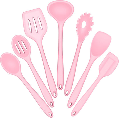 E-far Silicone Cooking Utensils Set, 7-Piece Pink Heat Resistant Kitchen Utensils Set, Kitchen Nonstick Tools Spatula Ladle Spoon Pasta Server for Non-stick Cookware, Non-Toxic & Dishwasher safe