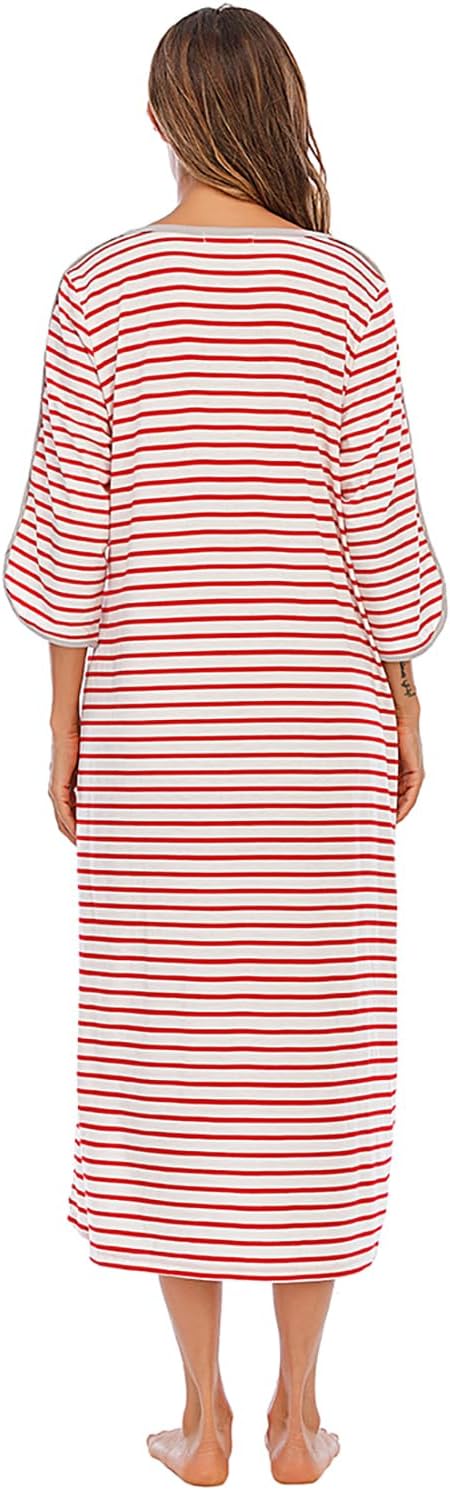 RONGTAI Comfy Cotton Long Robe with Front Zipper - Slimming Striped 3/4 Sleeve Nightwear with Pockets for Women (Year-Round)