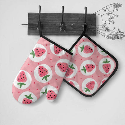 Pink Strawberry Oven Mitts and Pot Holders Sets Heat Resistant Cute Oven Gloves with Non-Slip Surface for Safe BBQ Cooking Baking Grilling Set of 2
