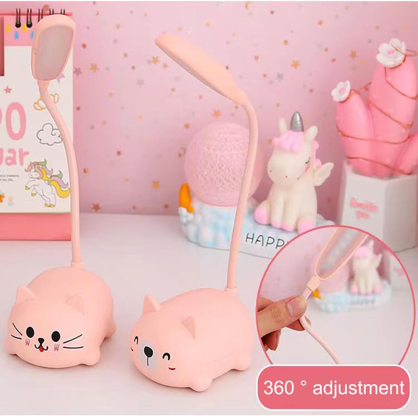LED Desk Lamp，Mini Cat Night Light, Portable LED Table Light, Cute Foldable USB Rechargeable Reading Light Bedroom Children's Bedside Study (Pink)