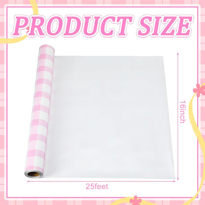 Tinlade Pink White Gingham Paper Table Runner Roll 25' Long x 16" Wide Disposable Checkered Table Runner for Birthday Party Wedding Baby Shower Bridal Holiday Christmas Tabletop Home Decor