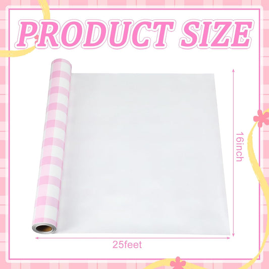 Tinlade Pink White Gingham Paper Table Runner Roll 25' Long x 16" Wide Disposable Checkered Table Runner for Birthday Party Wedding Baby Shower Bridal Holiday Christmas Tabletop Home Decor