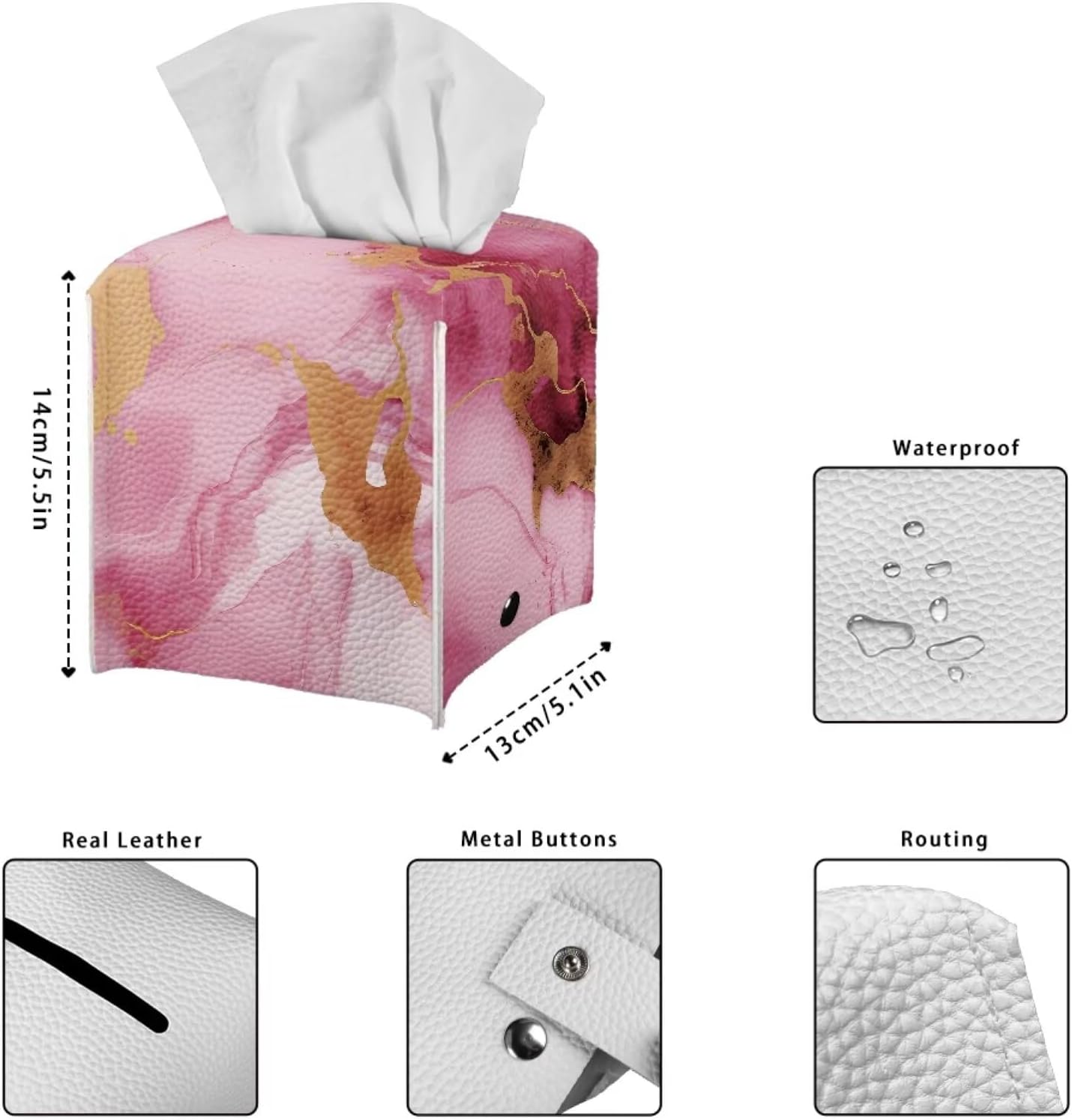 Tissue Box Cover Decorative Holder PU Leather Square Novelty Case Dispenser for End Table, Office Desk, Nightstand, Home Decoration, Pink Marble