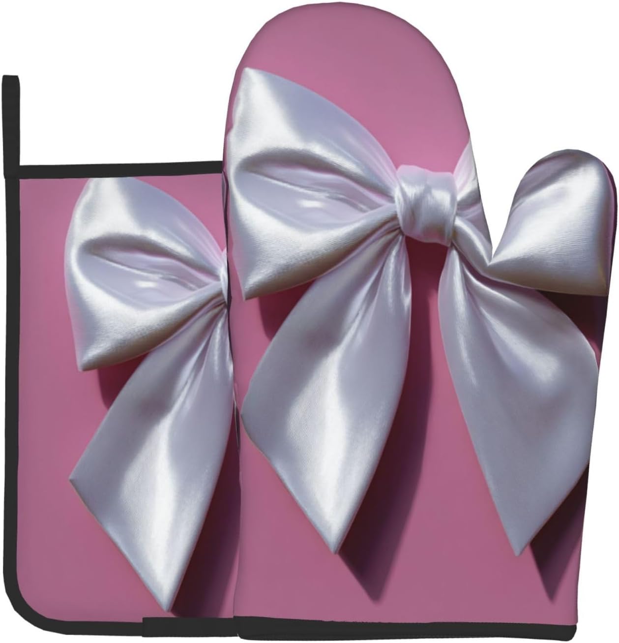 White Satin Bow On Light Pink Oven Mitts and Pot Holders Sets,Heat Resistant Potholder Kitchen Decor for Cooking Baking BBQ, Oven Glove Set