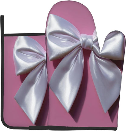 White Satin Bow On Light Pink Oven Mitts and Pot Holders Sets,Heat Resistant Potholder Kitchen Decor for Cooking Baking BBQ, Oven Glove Set