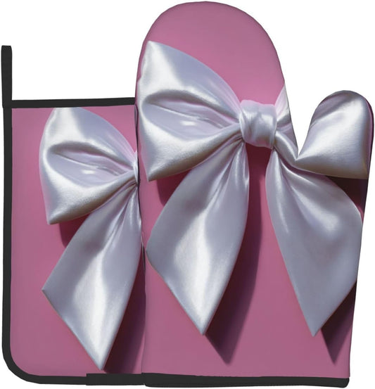 White Satin Bow On Light Pink Oven Mitts and Pot Holders Sets,Heat Resistant Potholder Kitchen Decor for Cooking Baking BBQ, Oven Glove Set