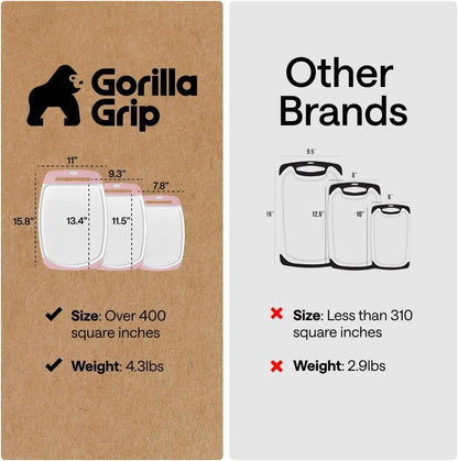 GORILLA GRIP BPA-Free Reversible Kitchen Cutting Board Set of 3, US Designed, Nonporous, Juice Grooves Catch Liquid, Slip Resistant Border, Dishwasher Safe, Durable Large Food Chopping Boards, Pink
