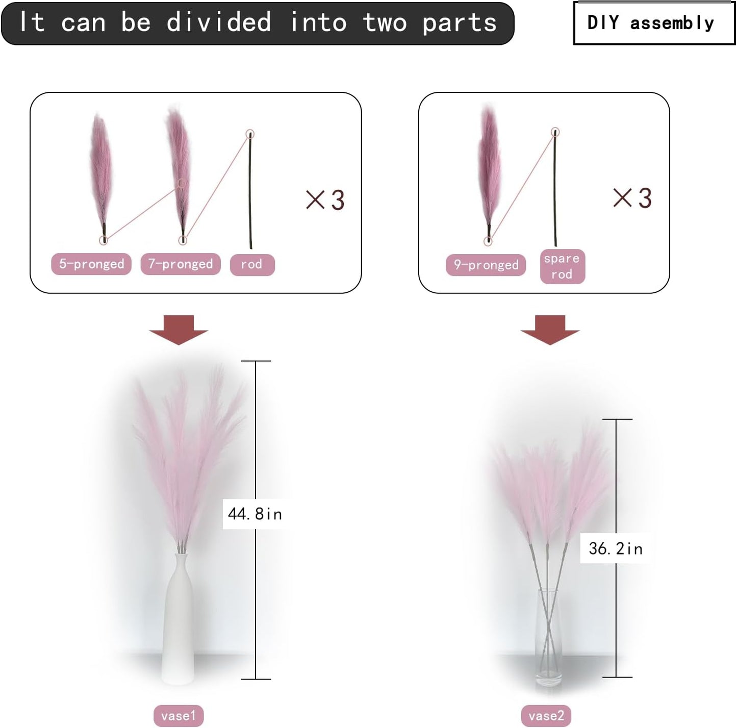 Faux Pampas Grass 3PCS Tall 51'' for Floor Vase Dried Pampas Grass Decor Living Room Decor and Accessories Fluffy Artificial Home Decor (Pink)