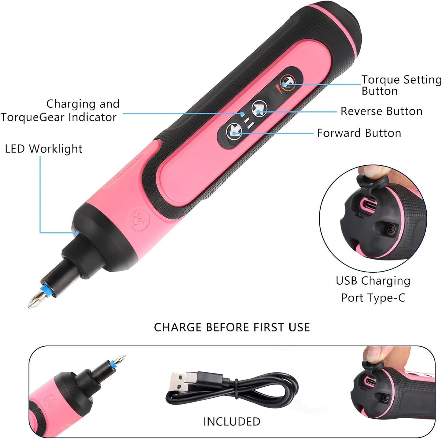 Electric Screwdriver Rechargeable, 4V Cordless Screwdriver, with 3 Gear Torque Adjustment and 26 Bits, Extension Rod, USB Charging Cable, Suitable for Furniture or Appliance Repair Pink