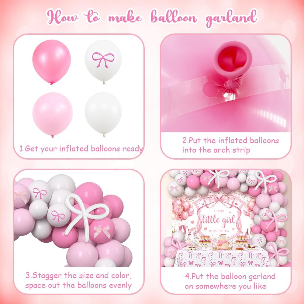 AIBIIN 120Pcs Pink Baby Shower Decorations for Girls, Pink Bows A Sweet Little Girl is on The Way Coquette Backdrop Balloon Set with Bow Tablecloth Newborn It's A Girl Party Banner Photo Booth Props