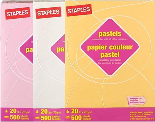 Staples Pastels Assorted Colored Paper, Colors: Pink - Cream - Goldenrod, 30% Recycled, 8 1/2 x 11 inches Letter Size, Large 1500 Sheet Multi-Pack Set (500 Sheets of each color)