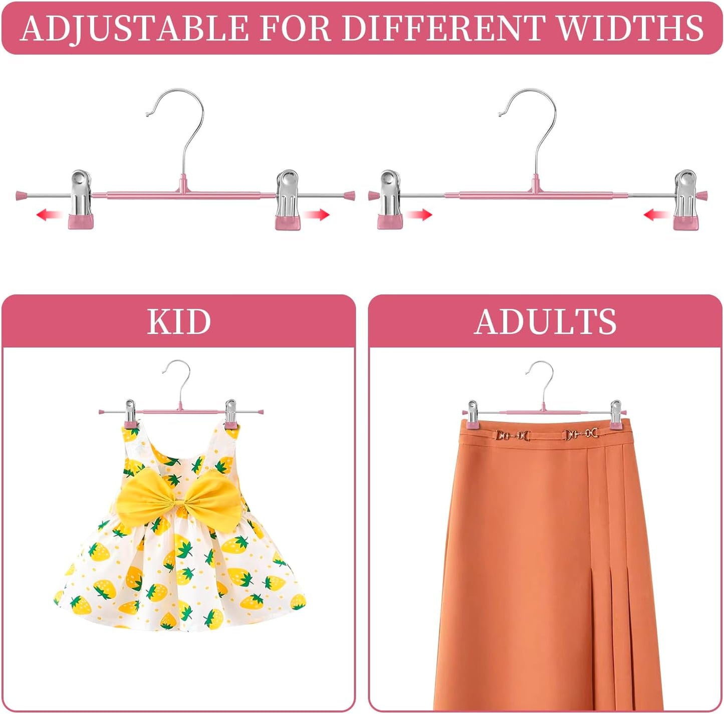 50PACK Pants Hangers with Clips Adjustable Skirt Hangers for Women Metal Non-Slip Trousers Hanger Heavy Duty Space Saving Clothes Hanger for Shorts,Jeans,12Inch,Pink