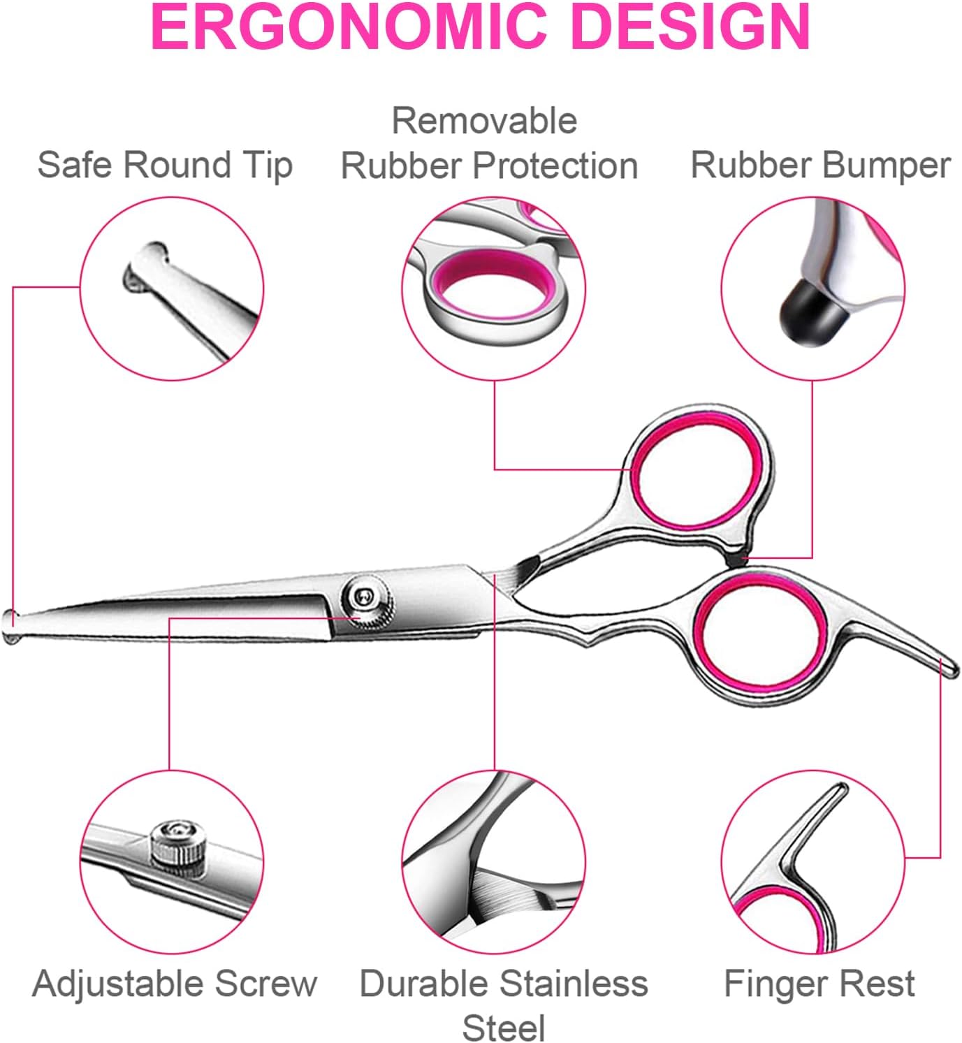 TINMARDA Dog Grooming Kit, Professional Stainless Steel Dog Grooming Scissors with Curved Shears, Pink Finger Rings - 5 Piece Sharp Durable Pet Shears for Dogs Cats At Home Salon-Quality Grooming