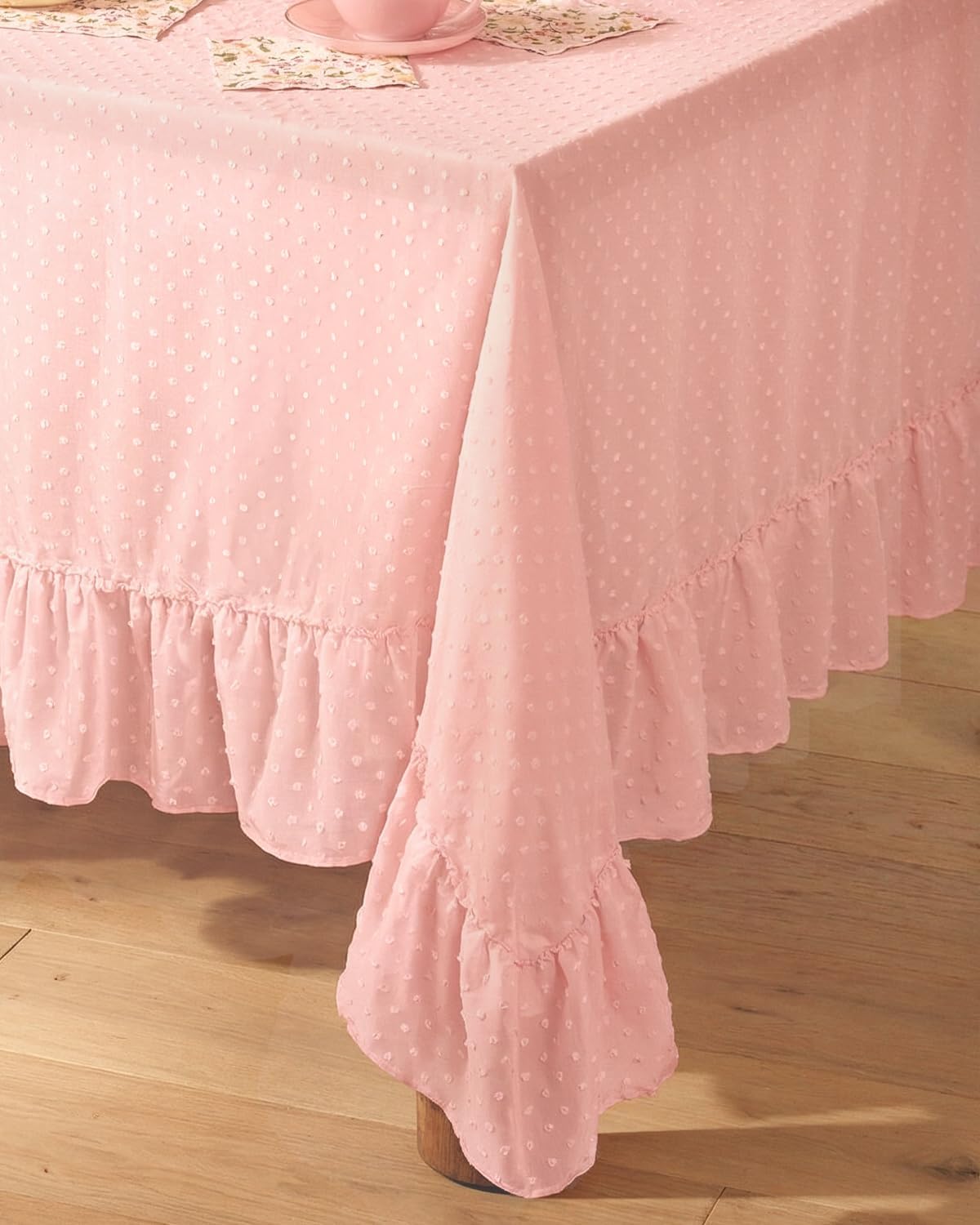 xo, Fetti Ruffle Tablecloth - Pink Polka Dot | Tea Party, Sheer Baby Pink Tablecloth, Party Decorations, Girly Decor, Coquette, Pastel