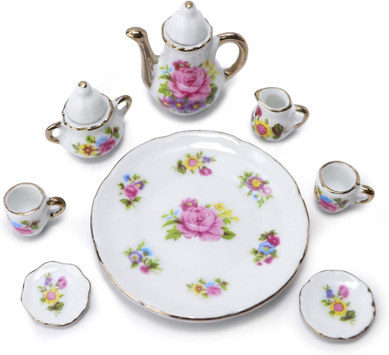 Dollhouse Tea Cup Sets 1:6 Scale Miniature Porcelain Dollhouse Accessories 8PCS Flower Pattern Teapot Platter Dish Sets Dollhouse Kitchen Supplies Decoration (Pink)