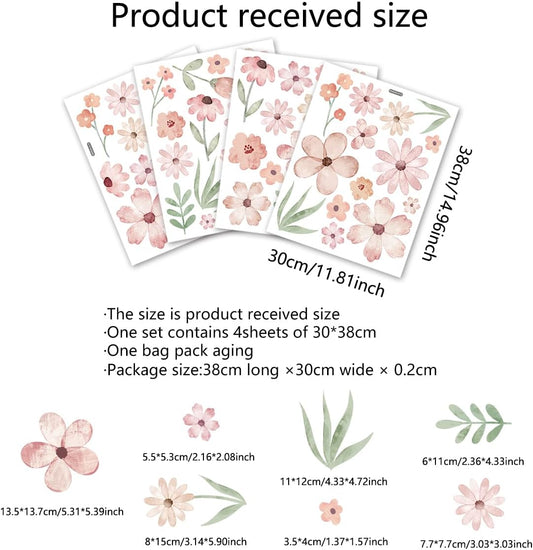 Boho Flower Wall Decals，Pink Watercolor Flower Art，Wildflower Wall Decals，Girls Bedroom Removable Sticker，Nursery Kids Room Decor Vinyl Murals DIY Cute Decorations