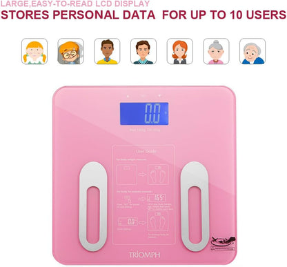 Triomph Precision Digital Bathroom Body Fat Scale with Backlit LCD Display, Body Composition Analyzer Measures Weight,Body Fat,Water,BMI,Muscle,Bone Mass and Calorie,400 lbs,Fat Loss Monitor,Pink