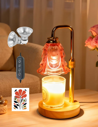 Candle Warmer Lamp, Pink Flower Glass Candle Lamp with Timer, Birthday Gifts for Mom Women, Dimmable Height Adjustable Home Gifts, Home Decor for Home Bedroom Office Fragrance