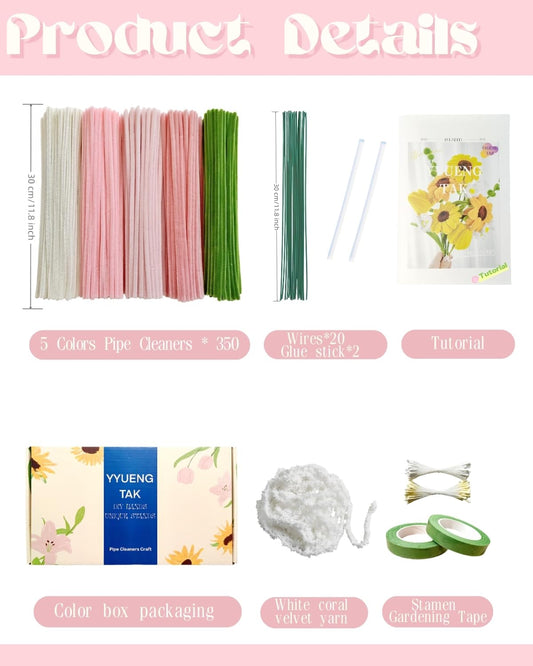 YYUENGTAK 350 Pcs Pink Pipe Cleaners Flower kit with tutoria,Fluffy Yarn,Green Floral Wires,Gardening Tape,Stamen(2 Colors)，Pipe Cleaners Craft,Chenille Stems for DIY Art Projects Creative Gift Decor