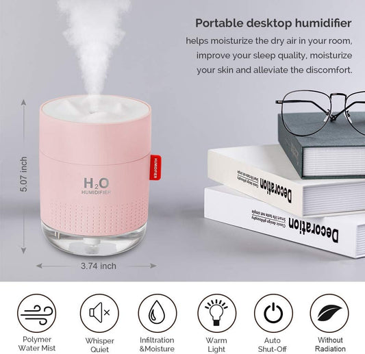 Portable Mini Cool Mist Humidifier, 500ml USB Personal Desktop Humidifier for Baby Bedroom, Travel, Office, Home - Auto Shut-Off, 2 Mist Modes, Super Quiet (Pink)