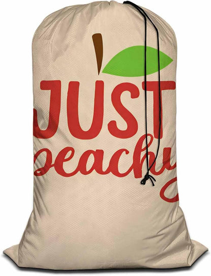 Swono Peach Heavy Duty Large Laundry Bags 1 Pack 28 x 40 inch Just Peachy Quote Word Hand Lettering Leaf Fruit XL Drawstring Travel Organizer Bag Fit Hamper Basket Camp Home College Dorm Tear