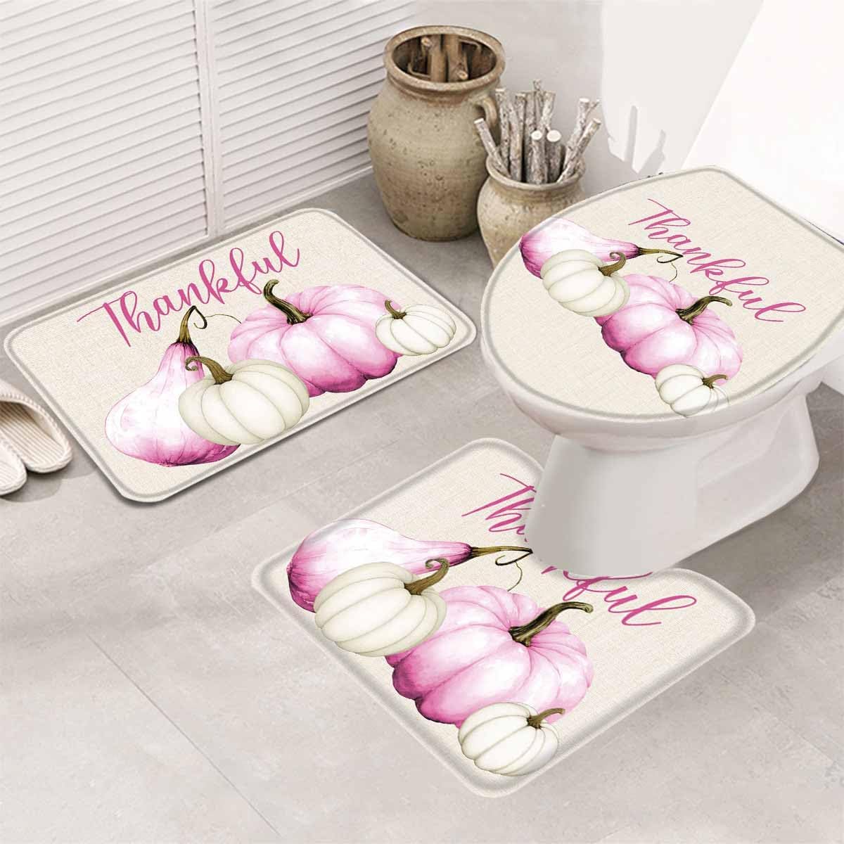 Pink White Pumpkin Bathroom Rug Sets 3 Piece, Non Slip Bath Mat, Fall Thanksgiving Retro Light Beige Absorbent Floor Mats Bath Rugs with U-Shaped Contour Rug Toilet Lid Cover Bathroom Decor Small