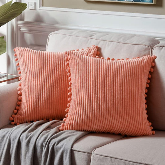 Fancy Homi Pack of 2 Coral Decorative Throw Pillow Covers 18x18 Inch with Pom-poms for Living Room Couch Bedroom, Soft Corduroy Peach Solid Square Cushion Case 45x45 cm, Rustic Farmhouse Home Decor