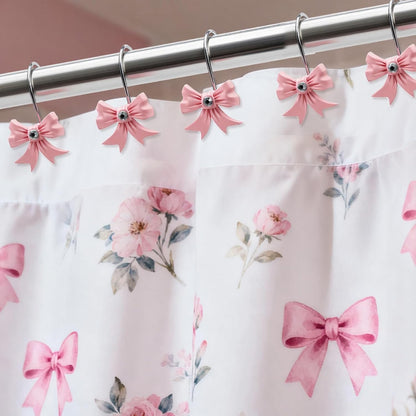 12 Pcs Pink Bow Shower Curtain Hooks, Pink Shower Curtain Hooks for Bathroom and Bedroom Decoration, Cute and Rustproof, Girls Bathroom Decor