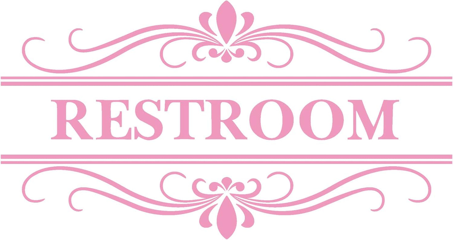 Restroom Sign Wall Decal Vinyl Pink Stickers, Removable Cute Art Design DIY Mural Wallpaper for Women Restroom Bathroom Washroom WC Toilet Office Home Decoration