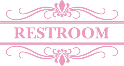 Restroom Sign Wall Decal Vinyl Pink Stickers, Removable Cute Art Design DIY Mural Wallpaper for Women Restroom Bathroom Washroom WC Toilet Office Home Decoration
